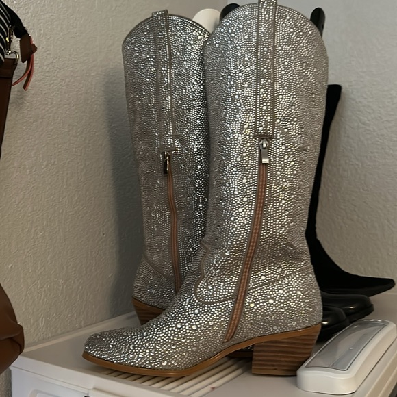Elegant crystal cowboy boots Silver Women's Knee-High Boots never worn - Picture 3 of 3